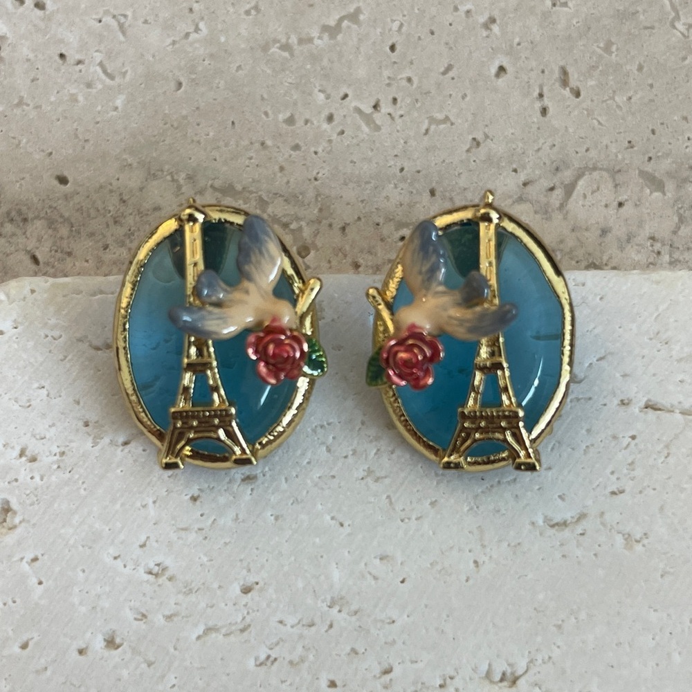 Gold Eiffel Tower Earrings with Blue Enamel, Bird and Rose Accent